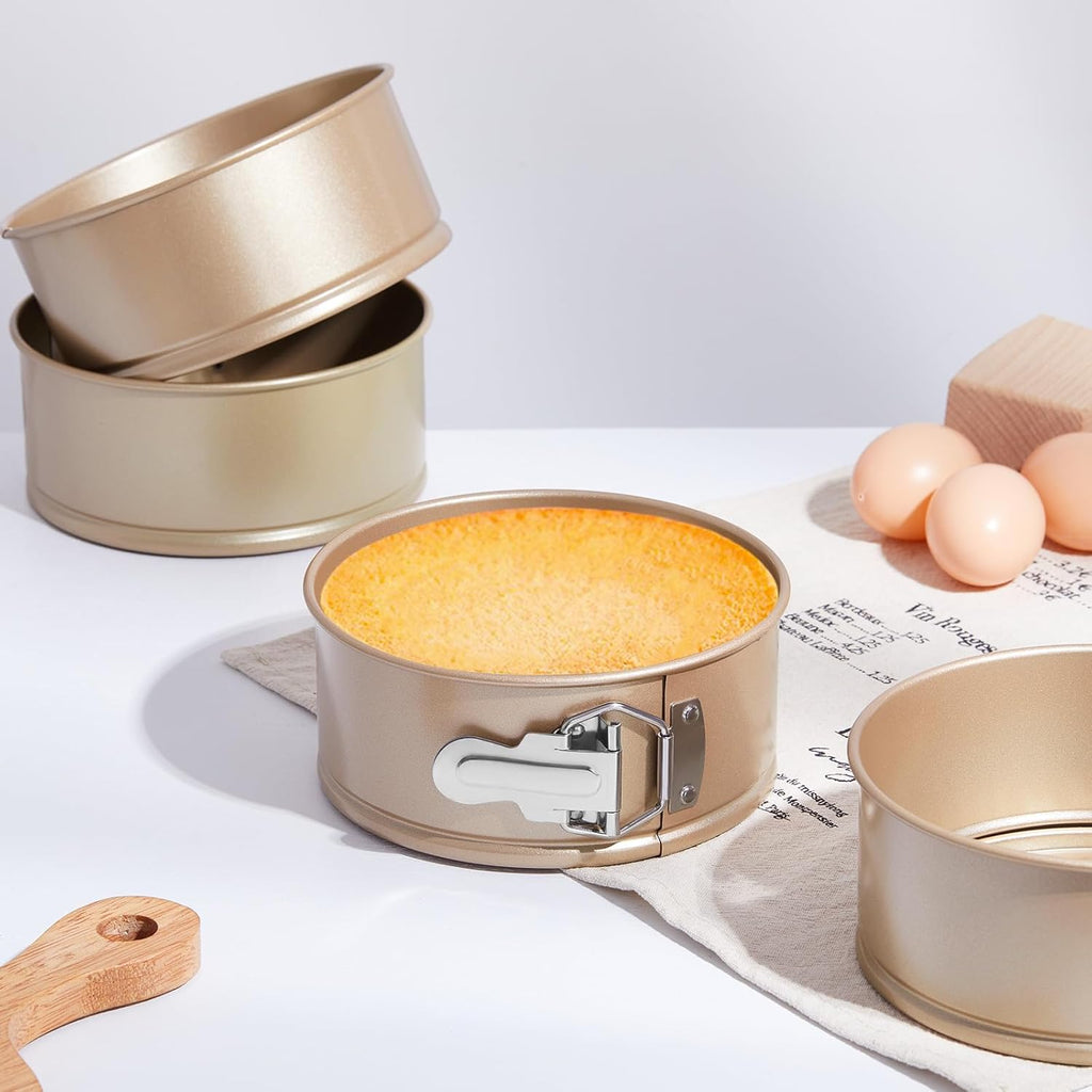 4 Pcs 6 Inch Non Stick Springform Pan with Removable Bottom Carbon Steel Round Springform Cheesecake Pan with Stainless Steel Spring Buckles for Baking Kitchens Restaurant(Champagne Gold)