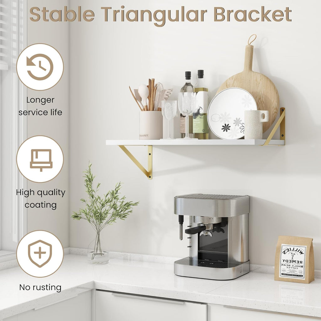 Dreamland Gold Shelves for Wall, White Wood Wall Mounted Shelves, Large Floating Shelf 12 * 24 inch Set of 2 for Bookshelf Living Room Bedroom Home Office Bathroom