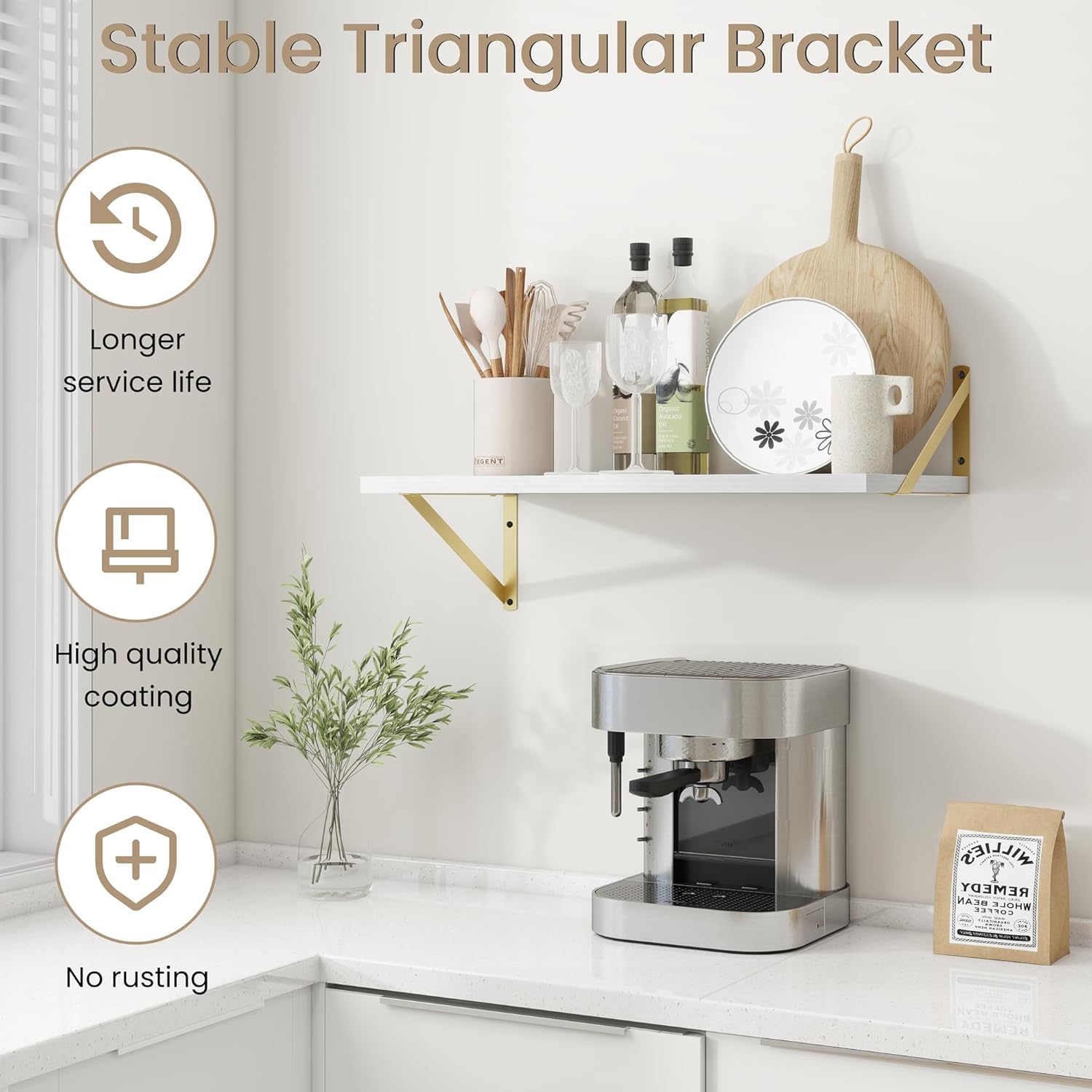 Dreamland Gold Shelves for Wall, White Wood Wall Mounted Shelves, Large Floating Shelf 12 * 24 inch Set of 2 for Bookshelf Living Room Bedroom Home Office Bathroom