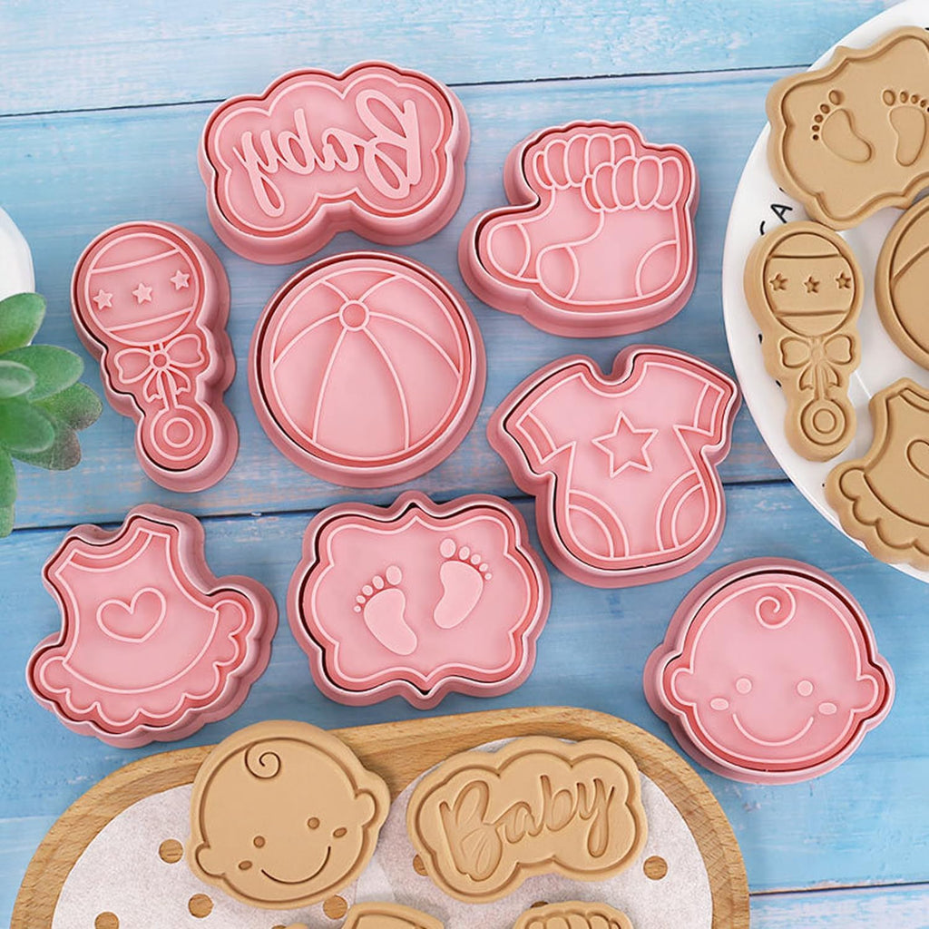 8 Pcs Cute Baby Shower Cookie Cutters for Baking Plastic Cookie Stamps Newborn Party Biscuit Mould Set DIY Fondant Biscuit Stamps Kitchen Tools(L8)
