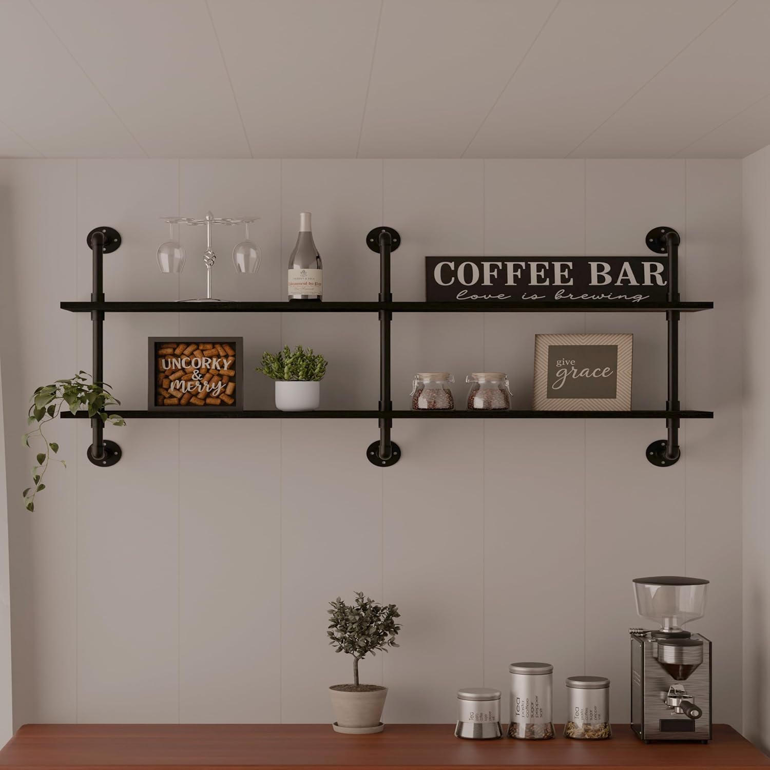 Industrial Pipe Shelf Shelving Bookcase, Wall Mounted Rustic Bookshelf, Floating Bookshelves for Wall,Retro Wood Metal Pipe Industrial Shelves for Living Room