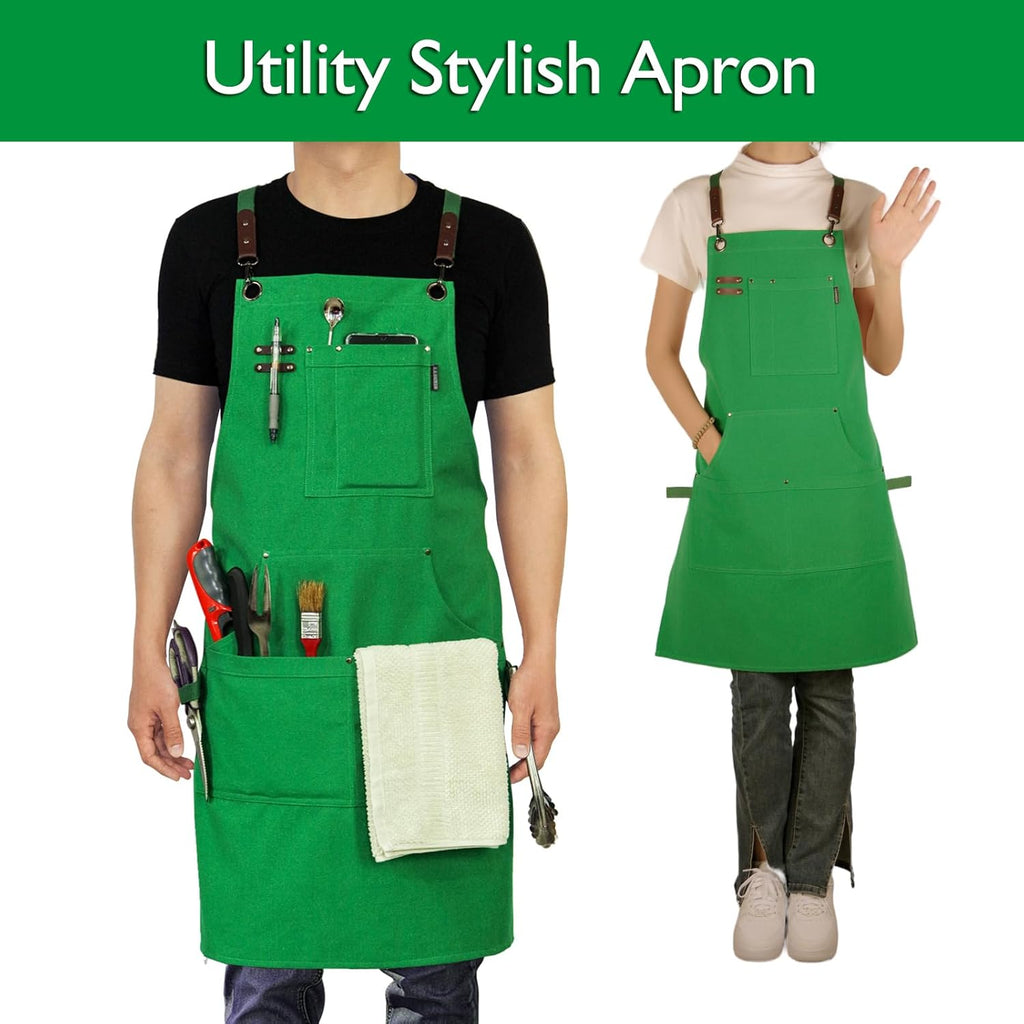 Kitchen Apron, Work Apron, Canvas, Multiple Pockets, Gardening, Painting, BBQ, Artist, Carpenter, Sizes M to XXL, Green