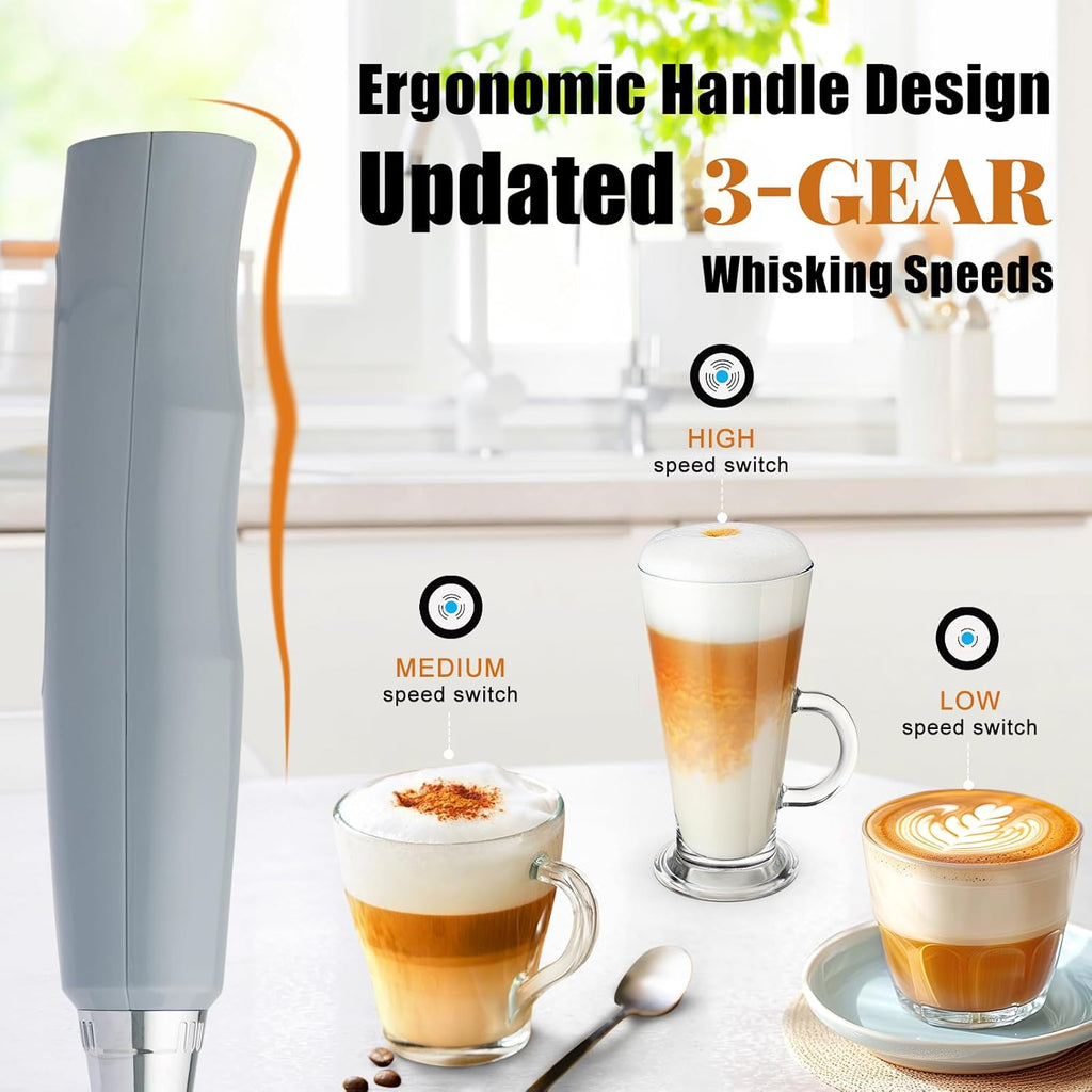 Nahida Cement Gray Milk Frother Wand for Coffee, Frother Handheld Rechargeable Electric Whisk with 3 Heads 3 Speeds Drink Mixer Coffee Frother Foam Maker For Latte, Cappuccino, Hot Chocolate, Egg