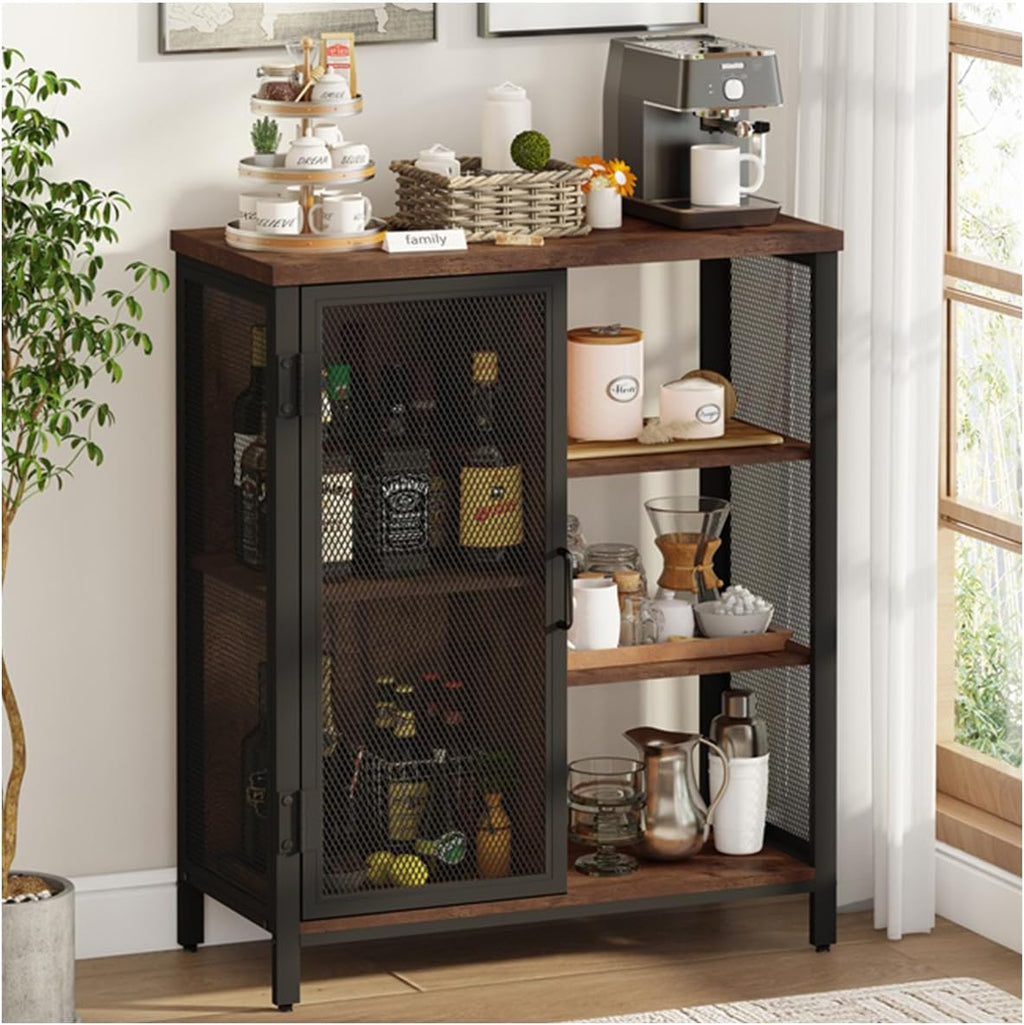 BON AUGURE Coffee Bar Cabinet for Home Liquor, Small Storage Cabinet for Kitchen and Entryway, Farmhouse Industrial Buffet Sideboard Credenza with Adjustable Shelves (Rustic Oak)