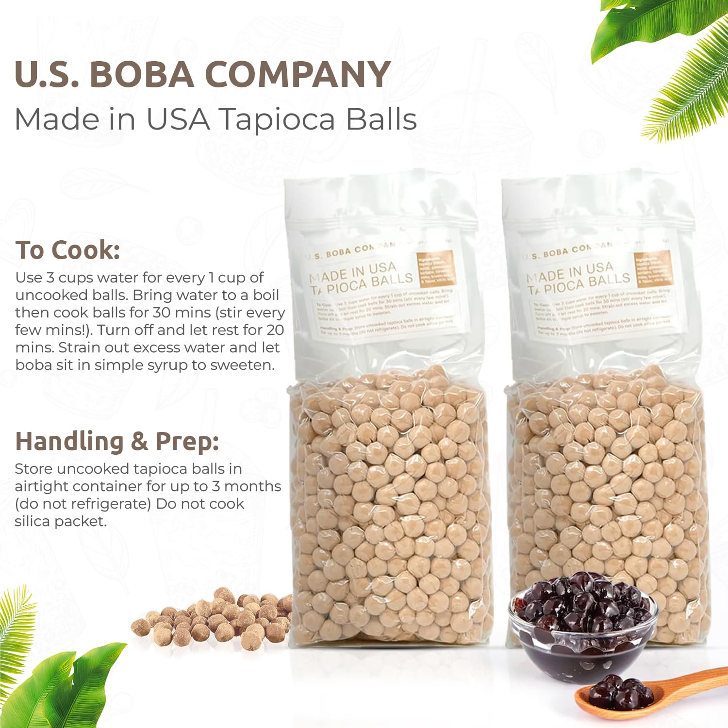 US Boba Co Unsweetened Tapioca Pearl, Easy to Cook, Tapioca Boba Balls for Tea Milk, Coffee & Dessert Topping, Fresh Made in USA, Brown Sugar Flavor, 1 Pound (Pack of 2)