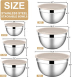 E-far Mixing Bowls with Lids, 12-Piece Stainless Steel Salad Bowls Metal Nesting Bowls for Baking Cooking and Prepping, Airtight Lids & Stackable Design, Size 7, 4.5, 3, 1.5, 1.2, 0.7 QT (Khaki)