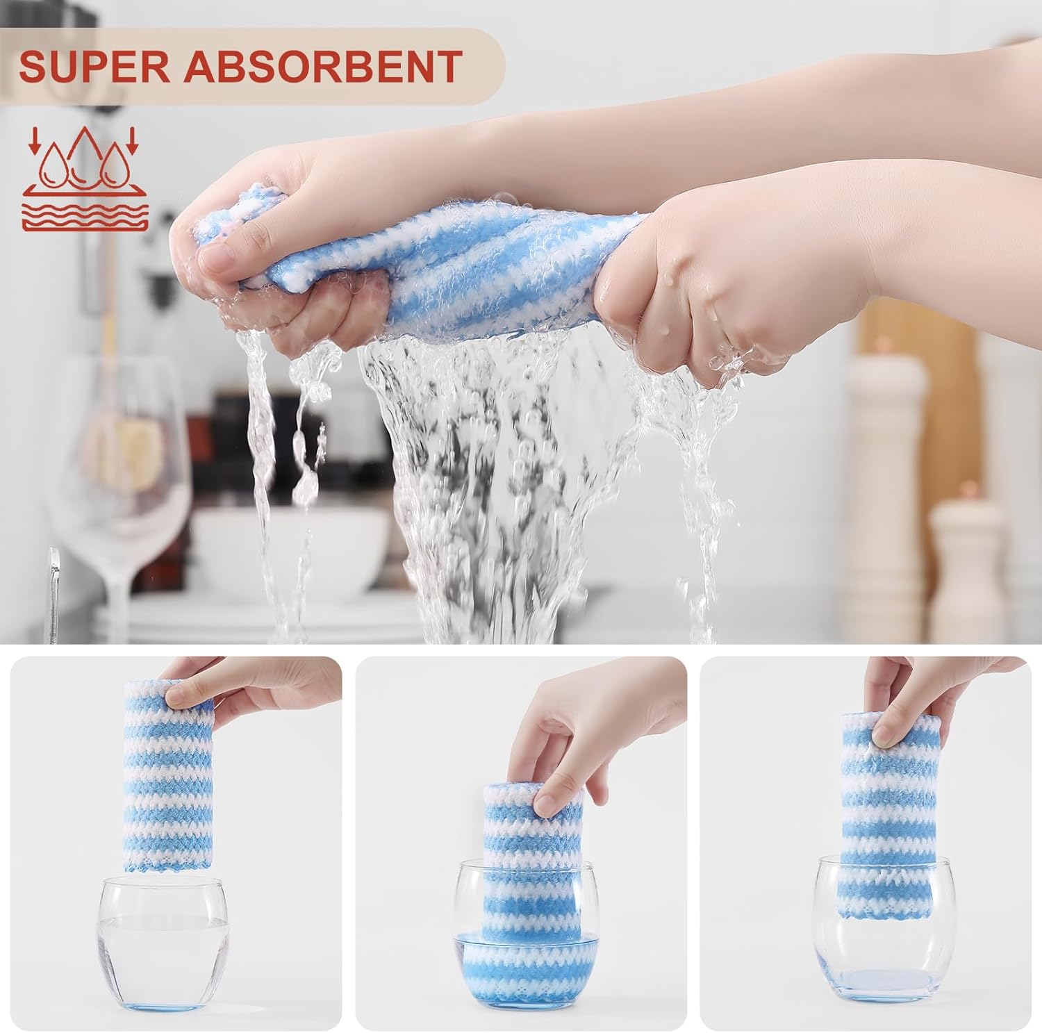 Homaxy 24 Pack Kitchen Dish Cloths, Ultra Soft and Absorbent Dish Towels, Reusable Fast Drying Microfiber Cleaning Cloth, Coral Velvet Wave Design No-lint, 10 x 10 inches, Blue