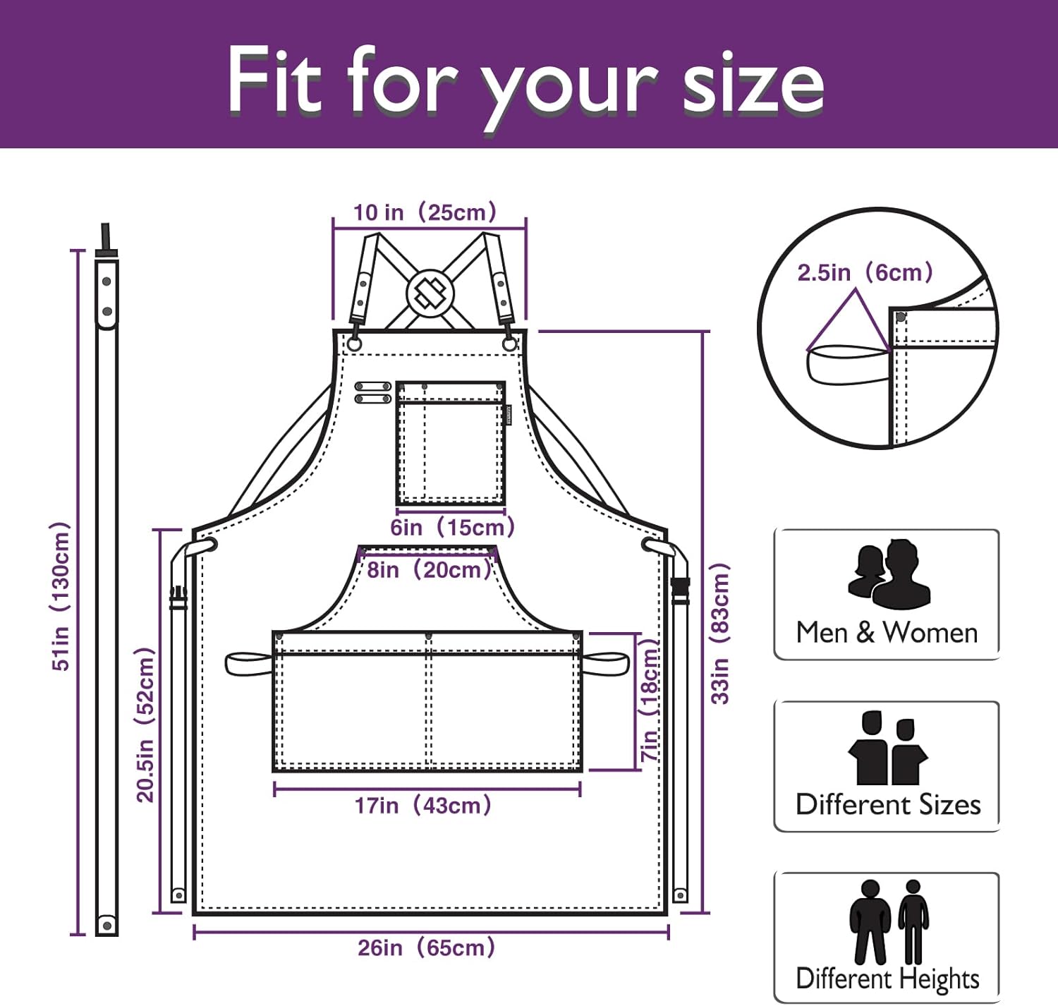 5 Pack Kitchen Apron, Work Apron, Canvas, Multiple Pockets, Gardening, Painting, BBQ, Artist, Carpenter, Sizes M to XXL, Purple