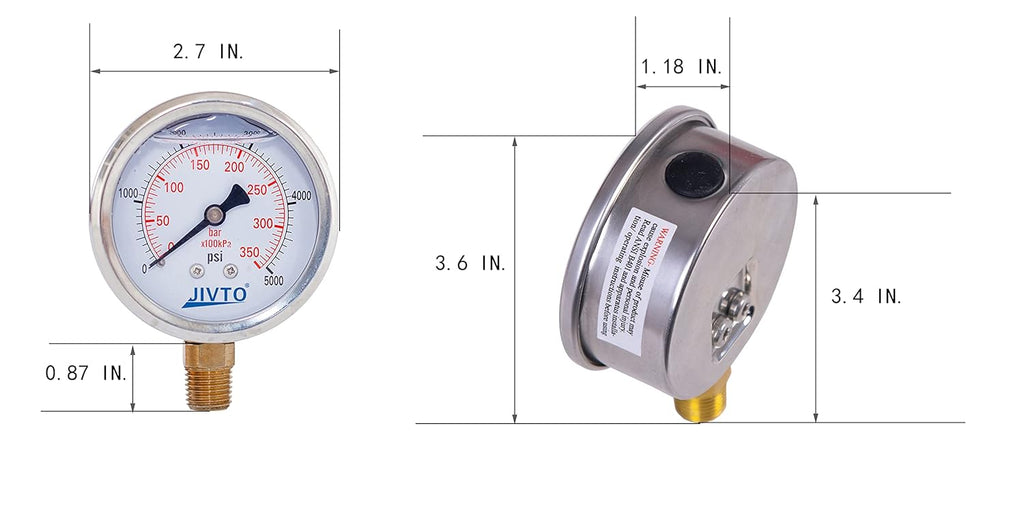 Pressure Gauge,Glycerin Liquid Filled,2.5" Dual Scale Dia,0-5000 psi/bar/kpa,1/4" NPT Male Brass Connection,Lower Mount, Stainless Steel Case,for Pneumatic,Pump,Hose,Well Tank,Gas Air Water Oil