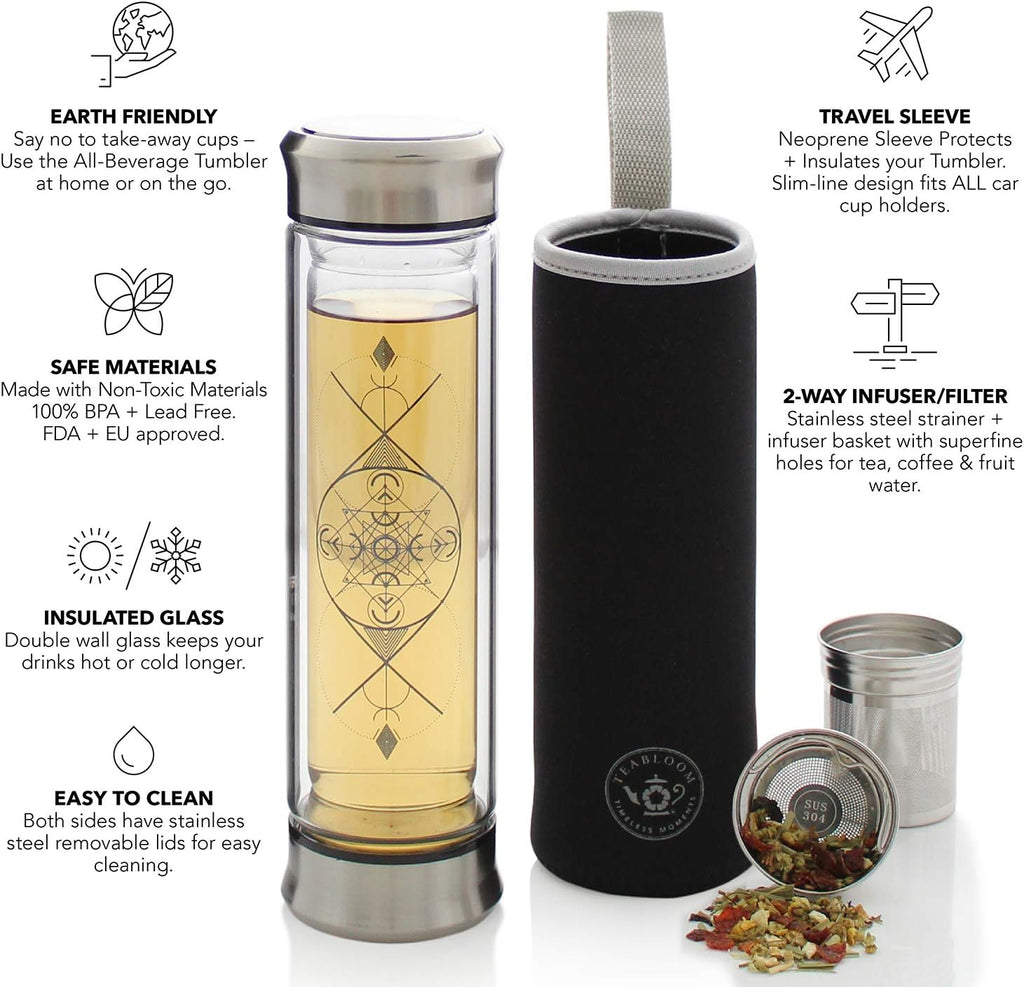 Teabloom All-Beverage Infusion Bottle – 14 oz / 400 ml – Double Wall Insulated Glass Travel Flask – Hot Tea & Cold Brew Coffee Thermos – Removable Sleeve