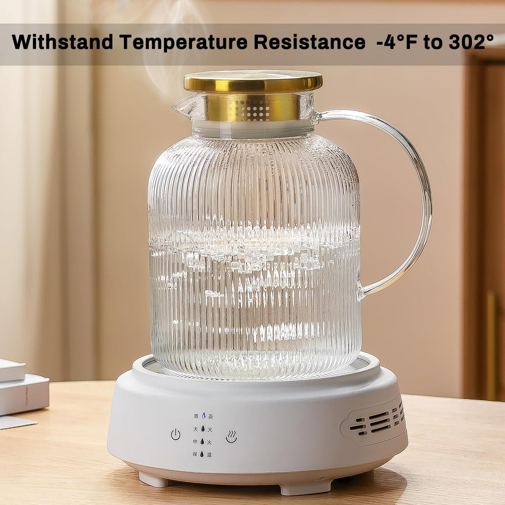 2 Liter 68 Ounces Glass Pitcher with Lid and Spout, Large Vertical Stripes Water Pitcher ribbed Borosilicate Glass Fridge Water Carafe for Cold Brew, Coffee, Lemonade, Sun Tea,Heat Resistant