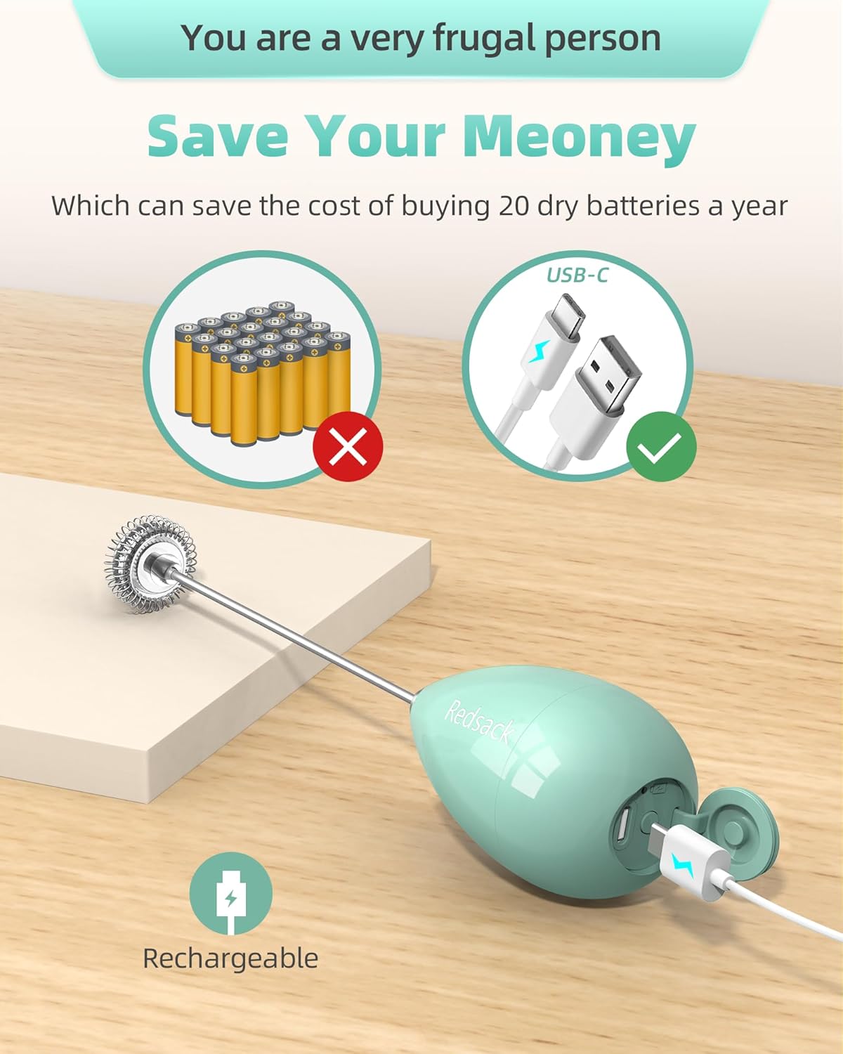 Milk Frother Handheld with Case,USB C Rechargeable Frother Wand for Coffee, Portable Electric Whisk with Stand,Waterproof Hand Drink Mixer Travel for Lattes, Cappuccino, Matcha, Egg (Teal)