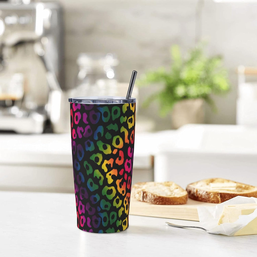 Leopard Print Tumbler with Lid and Straw 20oz Coffee Tumblers Leakproof Stainless Steel Travel Mug Vacuum Insulated Cup for Iced and Hot