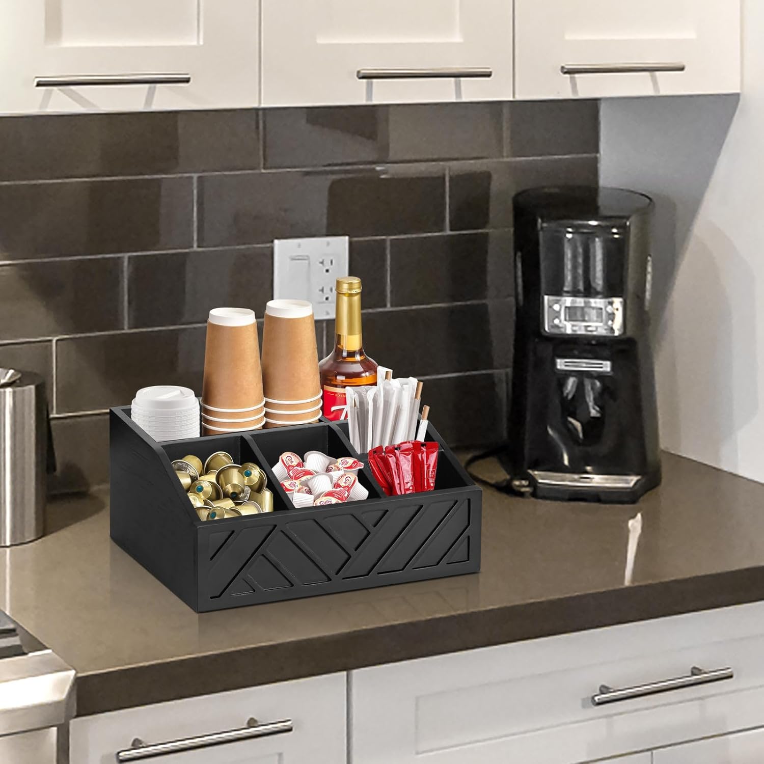 Coffee Pod Holder and Bar Accessories, Wood Station Organizer for Decor, Syrup and Condiment Organizer, Black