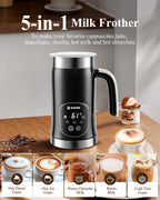 5-in-1 Milk Frother and Steamer - Upgraded Automatic Milk Steamer 11.8oz Hot & Cold Foam Maker and Milk Warmer with LED Display Touch Screen & Two Whisks for Latte,Cappuccinos,Silent Working