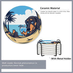 Drink Coasters Set of 6 with Holder,Cute Dachshund Husky Dog Absorbent Ceramic Coasters with Cork Base,Fit All Cups,Tabletop Protection Mat for Mugs and Cups,Office,Kitchen