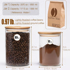 33 oz Glass Food Storage Jars with Airtight Lids, Clear Glass Jar with Bamboo Lid, Airtight Food Canister for Tea, Candy, Coffee, Sugar, Cookie, Snack. (Round | 5+6 Inch)