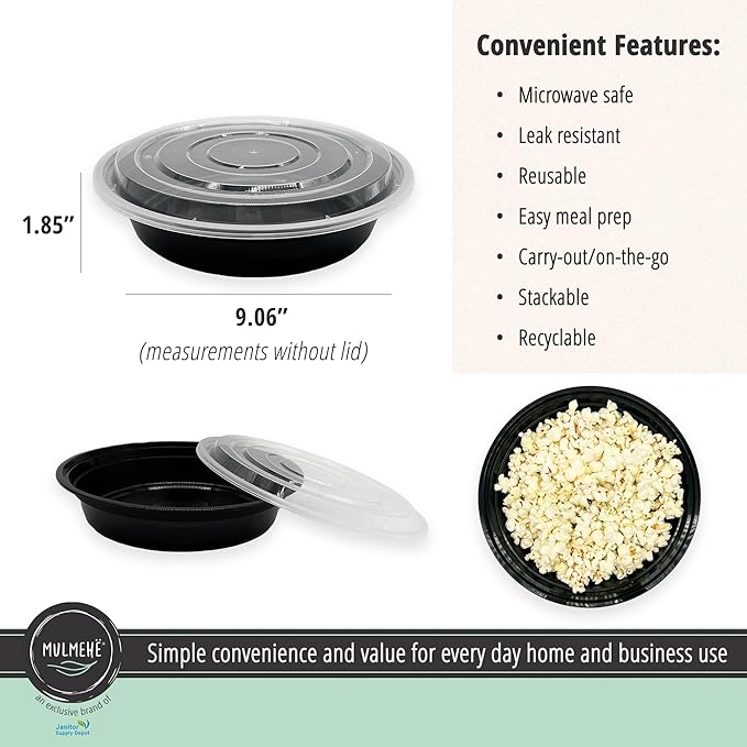 MULMEHË Plastic Food Storage Take-Out Container and Lid Combo, 48 oz, Microwaveable, Round, Black, 9x2.3”, Set of 150