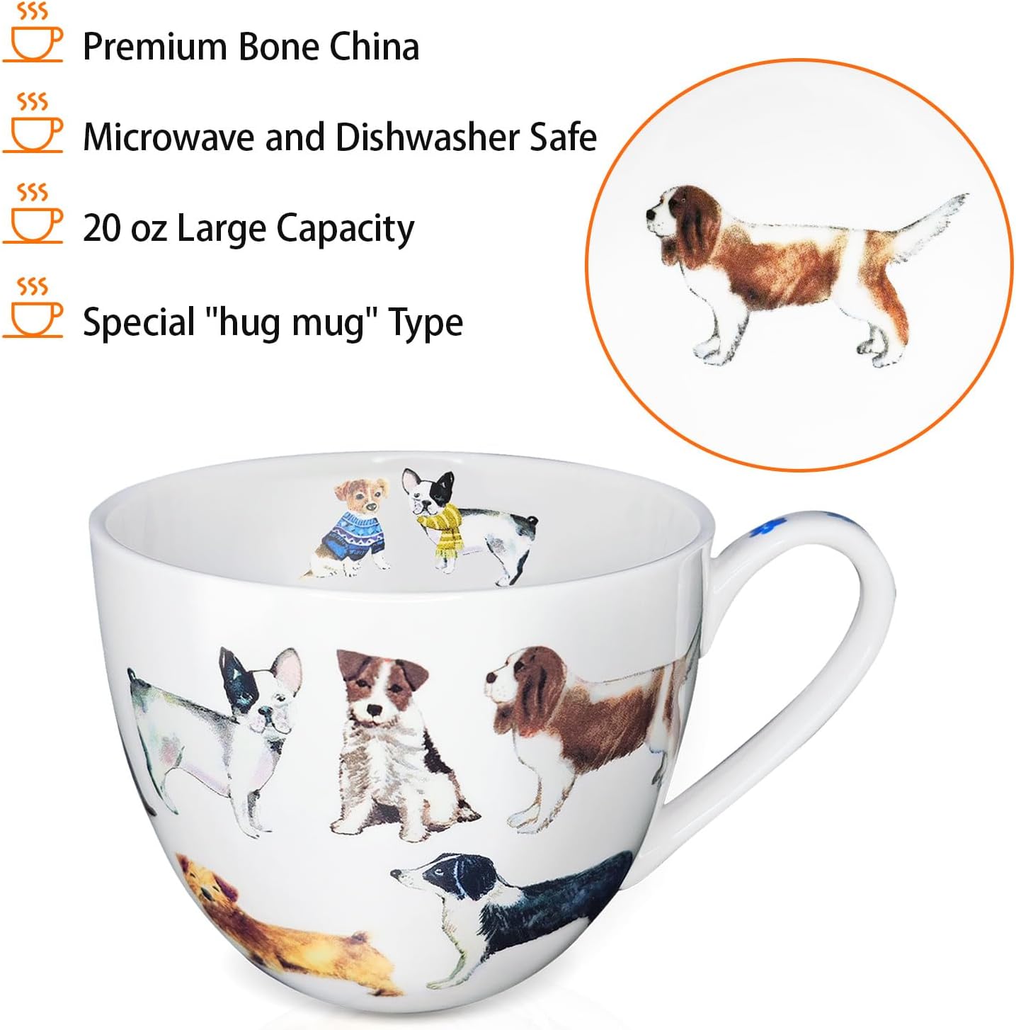 Cute Dog Mugs for Daily Coffee and Tea, Premium 20 oz Bone China Coffee Tea Hug Mug, Perfect Holiday and Birthday Gift for Dog Lovers, Designed in England by Harvest Green Studio
