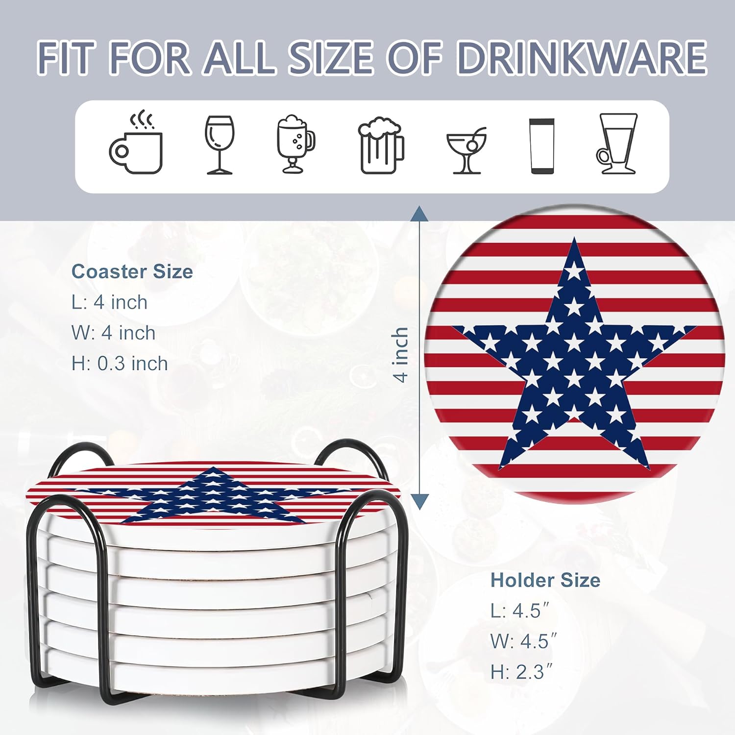 Drink Coasters Set of 6 with Holder, American Flag Eagle Absorbent Ceramic Drink Coaster for Tabletop Protection,Suitable for Kinds of Cups,Drinks Coasters for Home Office Decoration(4 Inches)