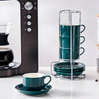 2.5 Ounce Porcelain Espresso Cups with Saucers and Silver Stand, Blackish Green Stackable Cups Set of 4