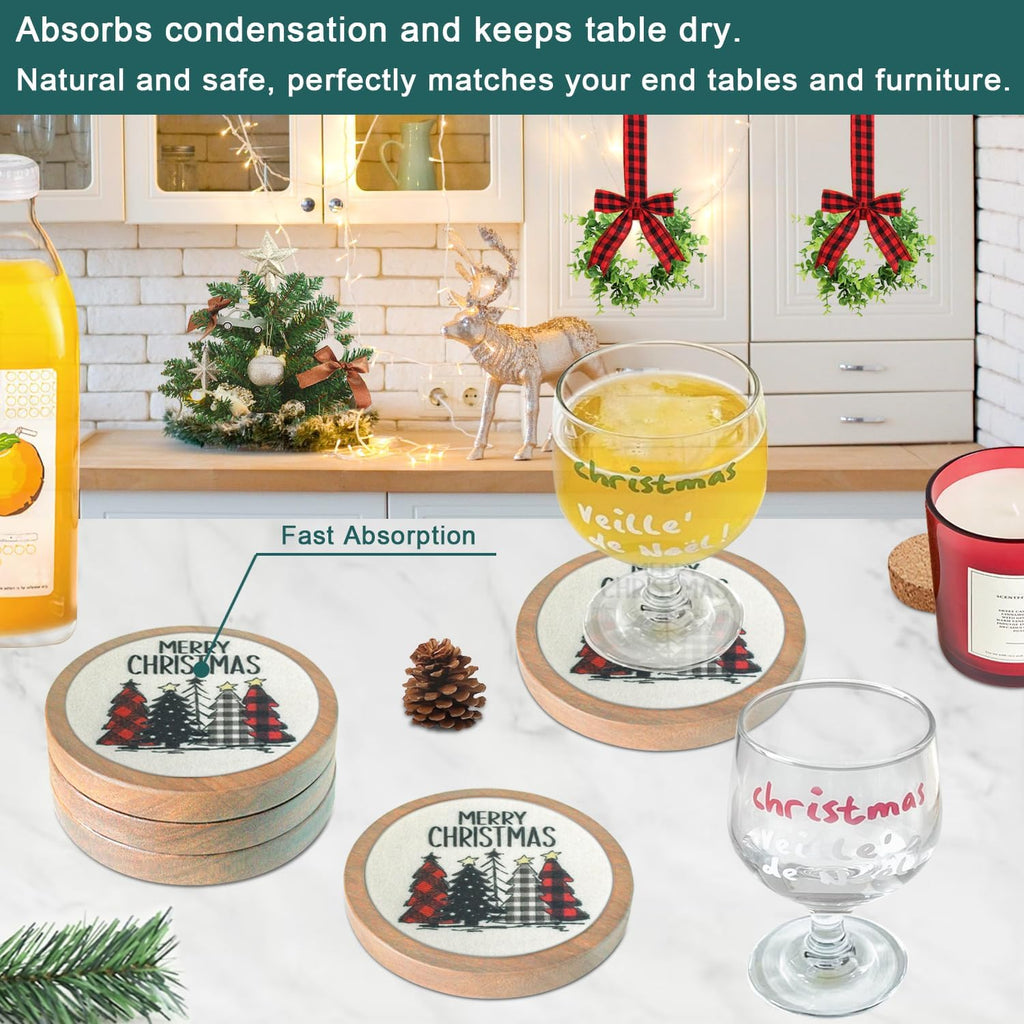 Christmas Tree Coasters for Drinks, Minacun Absorbent Coaster Set of 5, White Elephant Gifts, Secret Santa Gifts, Xmas Decor, Drinks Coasters for Coffee Tabletop Protection, 4.3 Inches