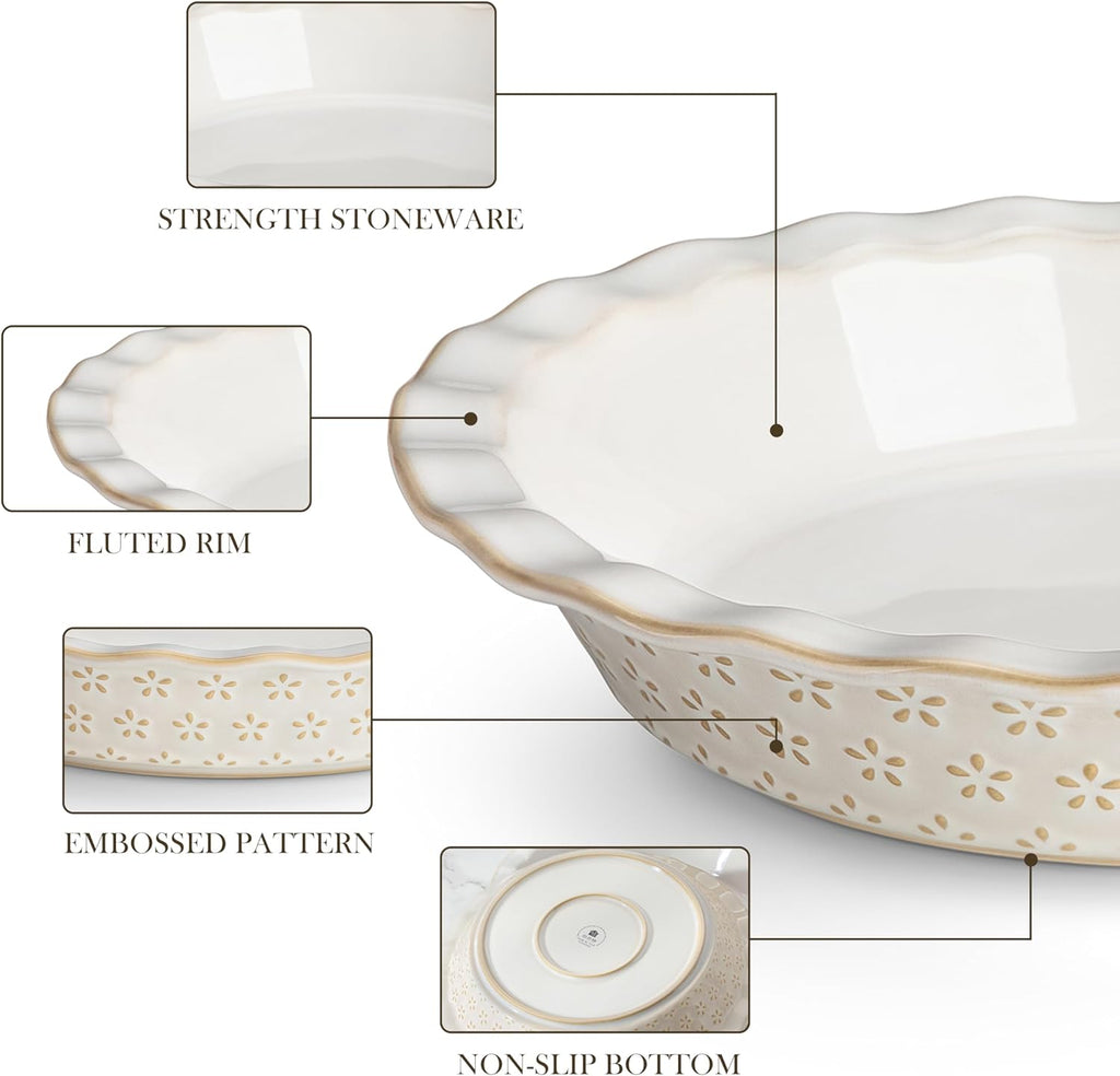 MALACASA 9 Inch Pie Pan, Embossed Deep Dish Plate, 45 OZ Round Quiche Baking Dish for Oven, Fluted for Apple Pie and Quiche, Set of 2, Series LYDIA