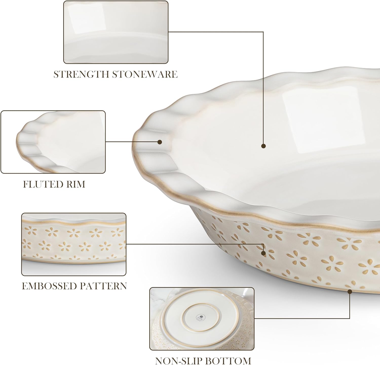 MALACASA 9 Inch Pie Pan, Embossed Deep Dish Plate, 45 OZ Round Quiche Baking Dish for Oven, Fluted for Apple Pie and Quiche, Set of 2, Series LYDIA