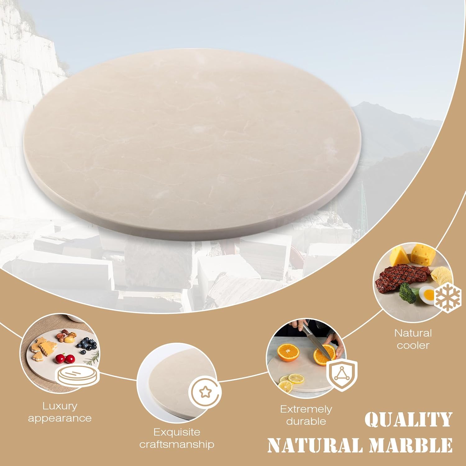 Koville 11 Inch Marble Round Cutting Board for Kitchen Countertop, Natural Marble Pastry Board Cheese Boards Charcuterie Board Stone Slab for Kitchen Decor, Stone Slab for Baking
