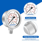 MEASUREMAN Fully Stainless Steel Hydraulic Glycerin Filled Pressure Gauge, 2-1/2" Dial Size, 1/4" NPT Lower Mount, 0-100psi/kpa