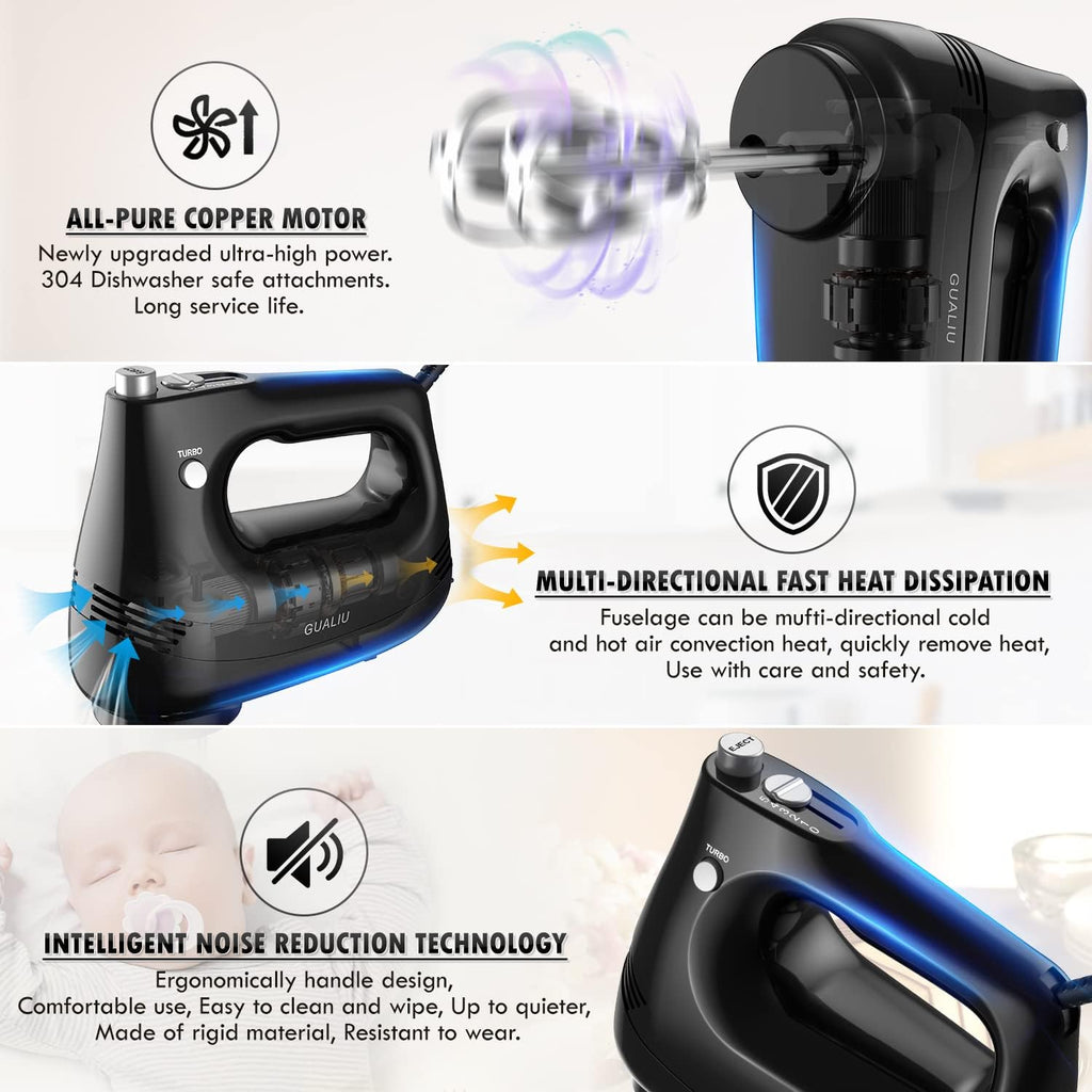 Electric Hand Mixer with Stainless Steel Whisk, Dough Hook Attachment and Storage Bag, Handheld Mixer for Baking Cakes, Eggs, Cream Food Mixers. Turbo Boost /5 Speed Kitchen Blender