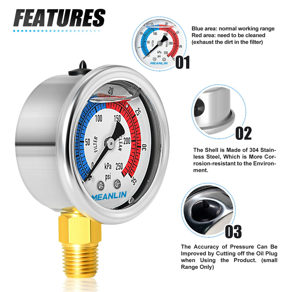 MEANLIN MEASURE 1/4" NPT 0-35psi Pressure Gauge, 2" Dial Glycerine Filled Pool Filter, 304 Stainless Steel Housing, Lower Mount, with 1/2" NPT and 3/8" NPT Hex Bushing