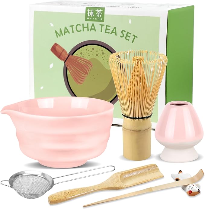 7 Pcs Matcha Whisk Set with Ceramic Bowl, Whisk, Bamboo Spoon, Holder, Sifter, Scoop and Scoop Holder, Tea Kit for Matcha Lover (Pink)