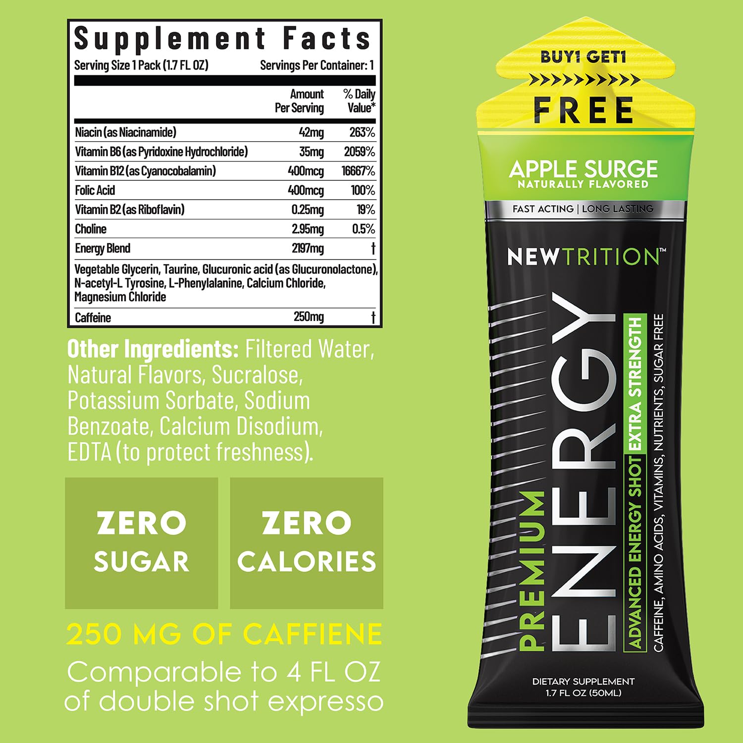 NewTrition® Extra Strength Energy Shots, 250mg Caffeine Energy Shots with Vitamin B & Amino Acids, Sugar-Free Vitamin Energy Shot, 1.7 fl oz (Pack of 12, 4 Flavors-Mixed-2)