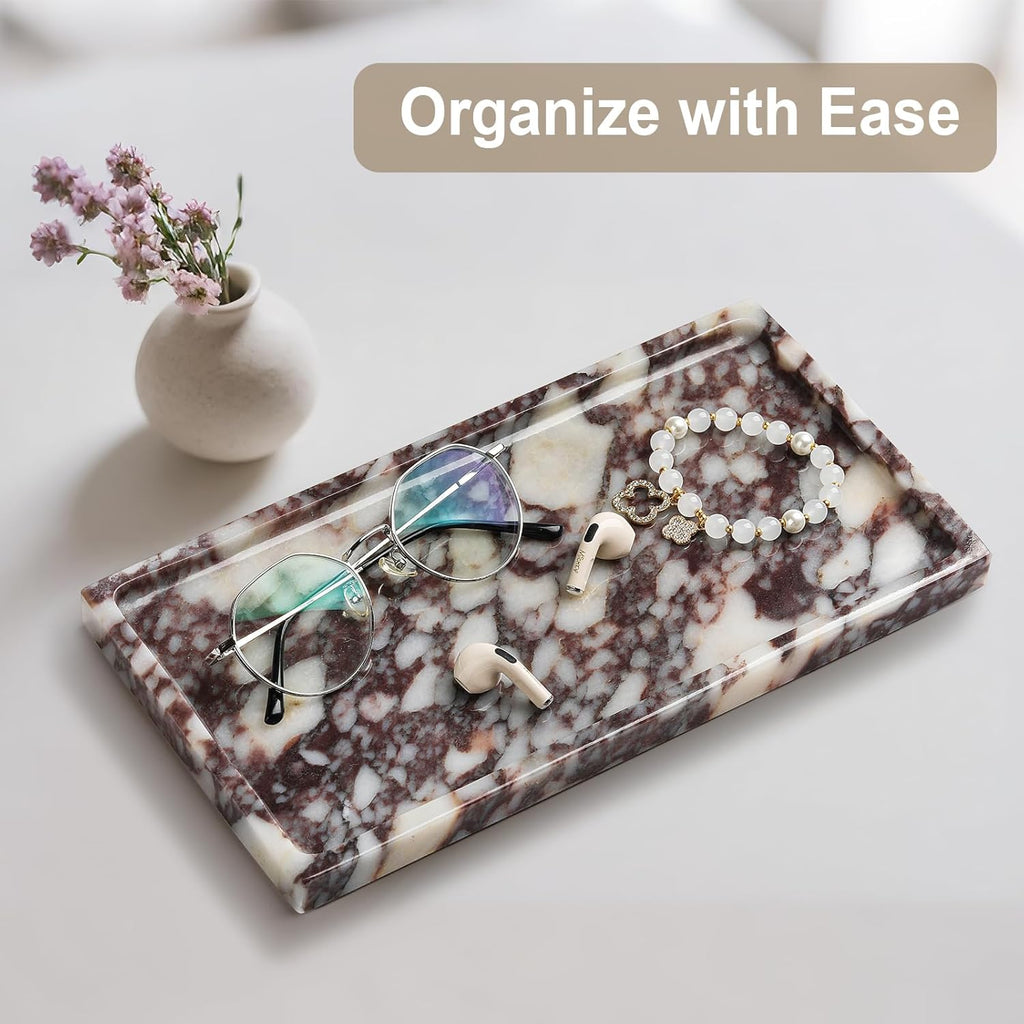 Natural Marble Vanity Tray - Moujings Genuine Marble Perfume Tray for Bathroom Decor, Stone Bathroom Vanity Organizer Tray for Kitchen Counter, Candles, Jewelry, Coffee, Makeup, Key