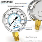 MEANLIN MEASURE 0~160Psi Dry Pressure Gauge Stainless Steel 1/4" NPT 2" FACE DIAL Waterproof for Air Compressor RV Regulator Water Pressure Tester Lower Mount, with 1/2" NPT and 3/8" NPT Hex Bushing