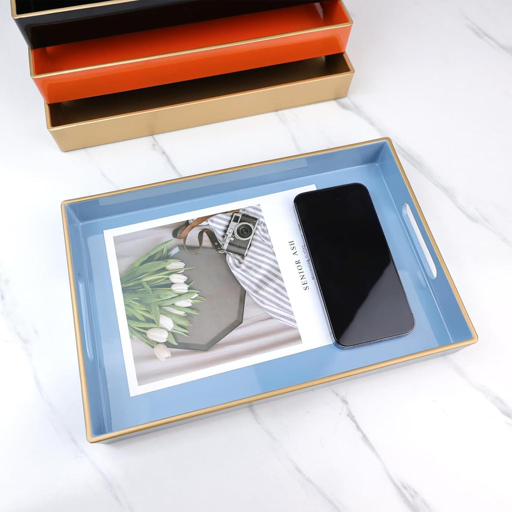 Spsyrine Blue Bathroom Vanity Tray with Handles for Dresser Tops, Countertop, Perfume Decorative Tray, 11.8” * 7.87” *1.37”