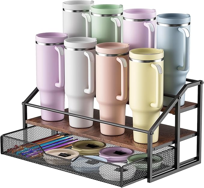 MOJOHAND Water Bottle Organizer for Stanley, 3-Tier 8 Bottles Rack with Storage Basket for Cup Accessories, Large Tumbler Holder Stand, Water Bottle Holder Wine Rack