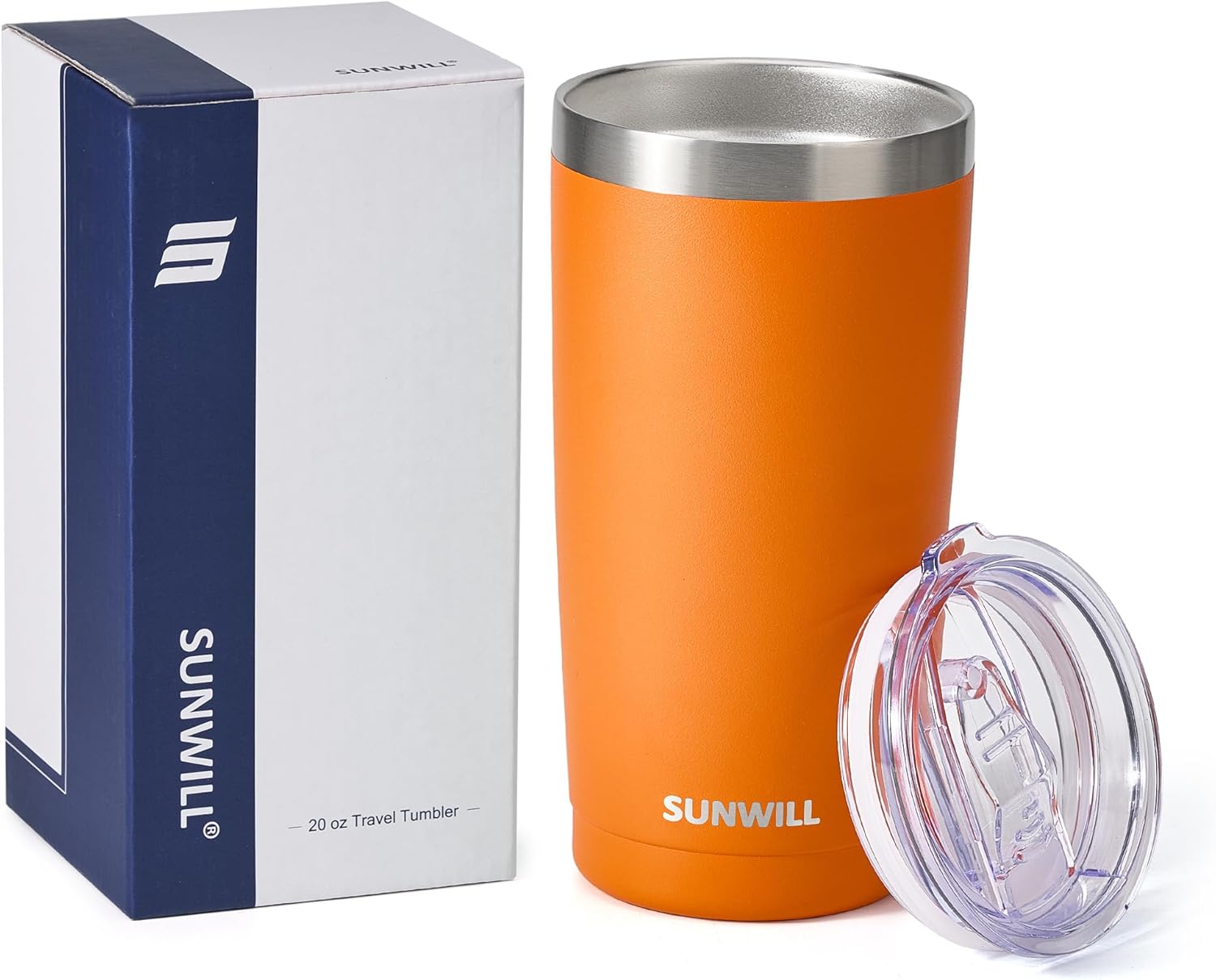 SUNWILL Travel Coffee Tumbler 20 oz, Insulated Mug with Lid, Stainless Steel Cup for Hot and Cold Drinks, Powder Coated Orange