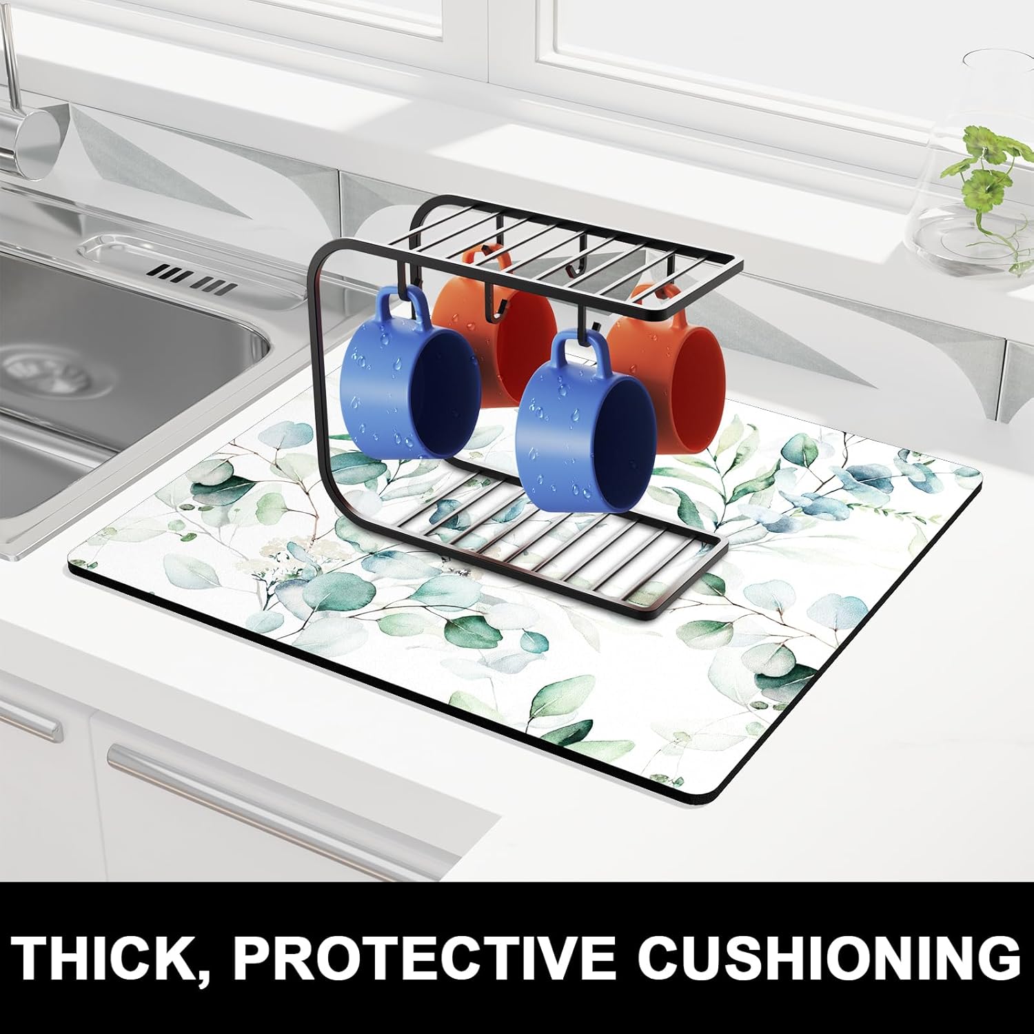 Rnivvi Dish Drying Mat for Kitchen Counter, 16 x 18" Cute Boho Theme Absorbent Heat Resistant Drying Pad with Non-slip Rubber, Coffee Bar Mats for Dish Rack Kitchen Decor Accessories, Leaves