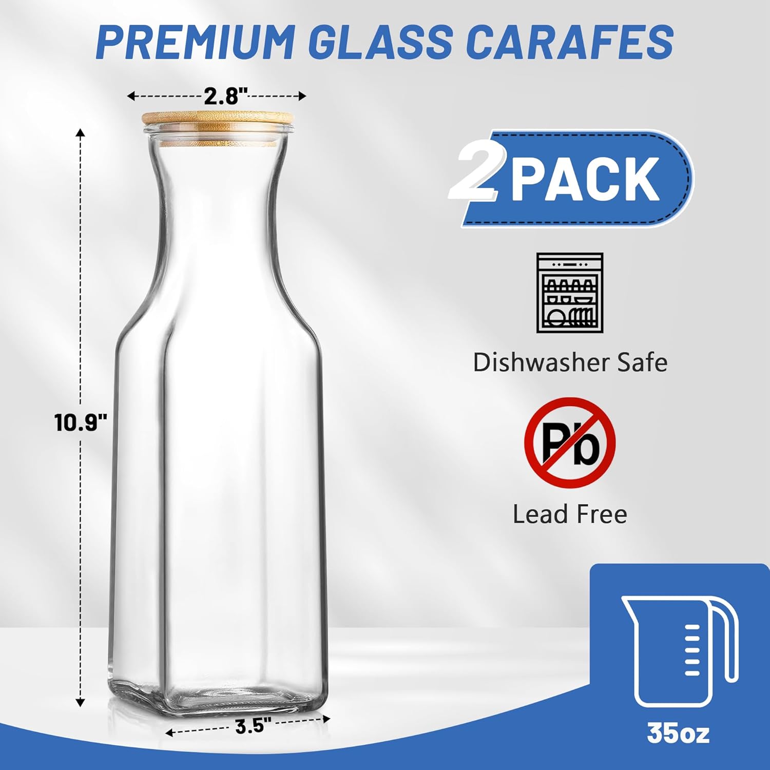 35 Oz Square Glass Carafe with Bamboo Lid, Beverage Dispensers,Mimosa Bar Supplies,Clear Glass Pitcher with Name Labels for Iced Tea,Coffee,Juice(Pack of 2)