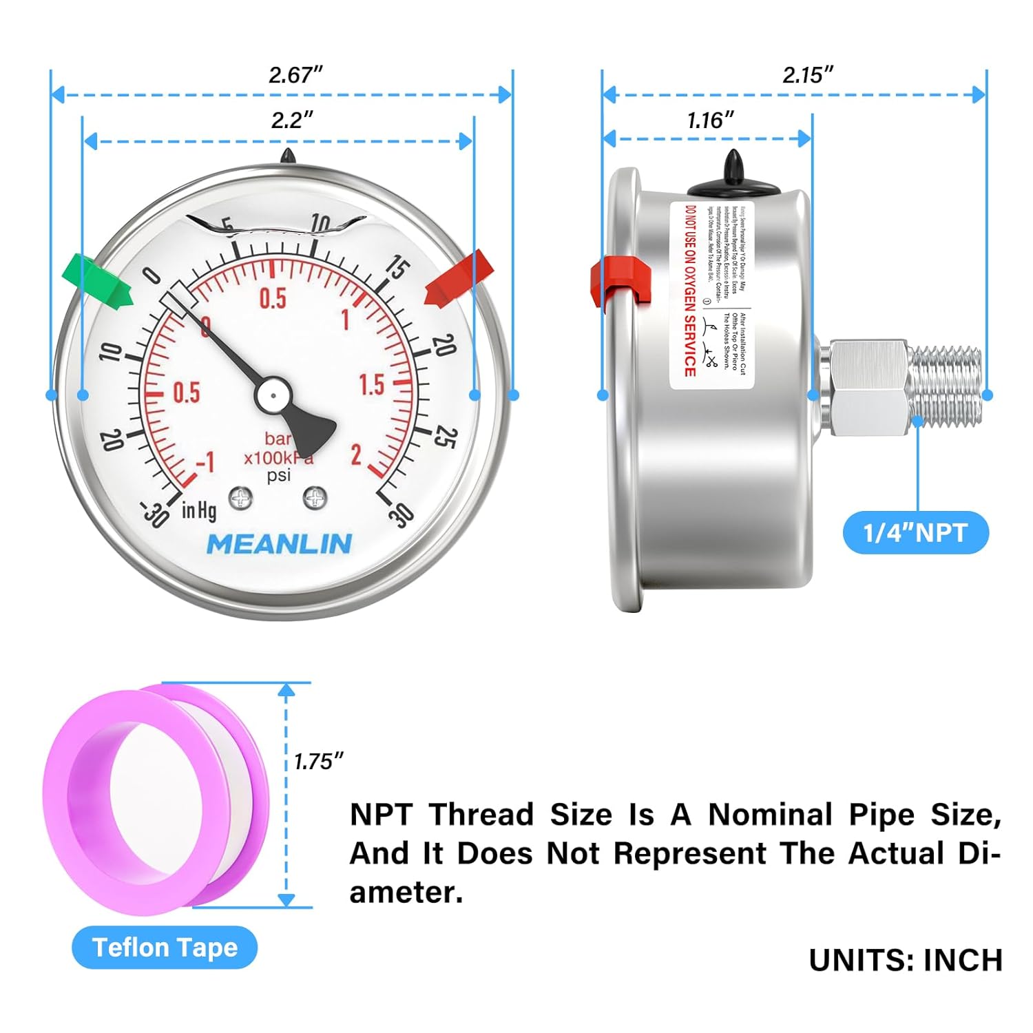 MEANLIN MEASURE -30inHG~30Psi Vacuum Pressure Gauge 316 Stainless Steel Joint 1/4" NPT 2.5" FACE DIAL, Stainless Steel Liquid Filled Pressure Gauge WOG Water Oil Air Back Mount, 2PCS Snaps