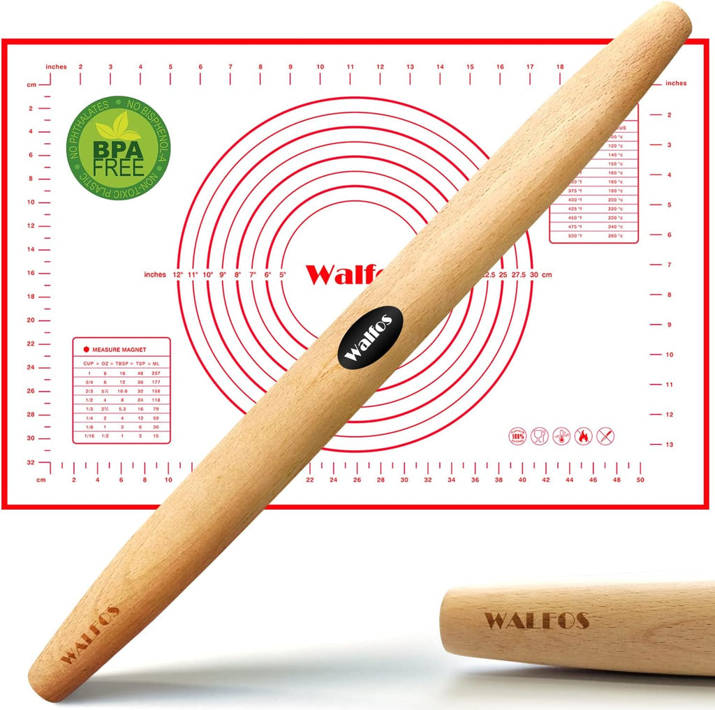 WALFOS French Rolling Pin and Silicone Baking Mat Set, Non-Stick Beech Wood Rolling Pin 15.7 Inch and Pastry Mat for Best Pie Crust, Cookie, Pasta and Pizza Dough