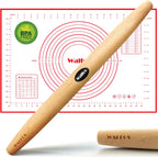 WALFOS French Rolling Pin and Silicone Baking Mat Set, Non-Stick Beech Wood Rolling Pin 15.7 Inch and Pastry Mat for Best Pie Crust, Cookie, Pasta and Pizza Dough