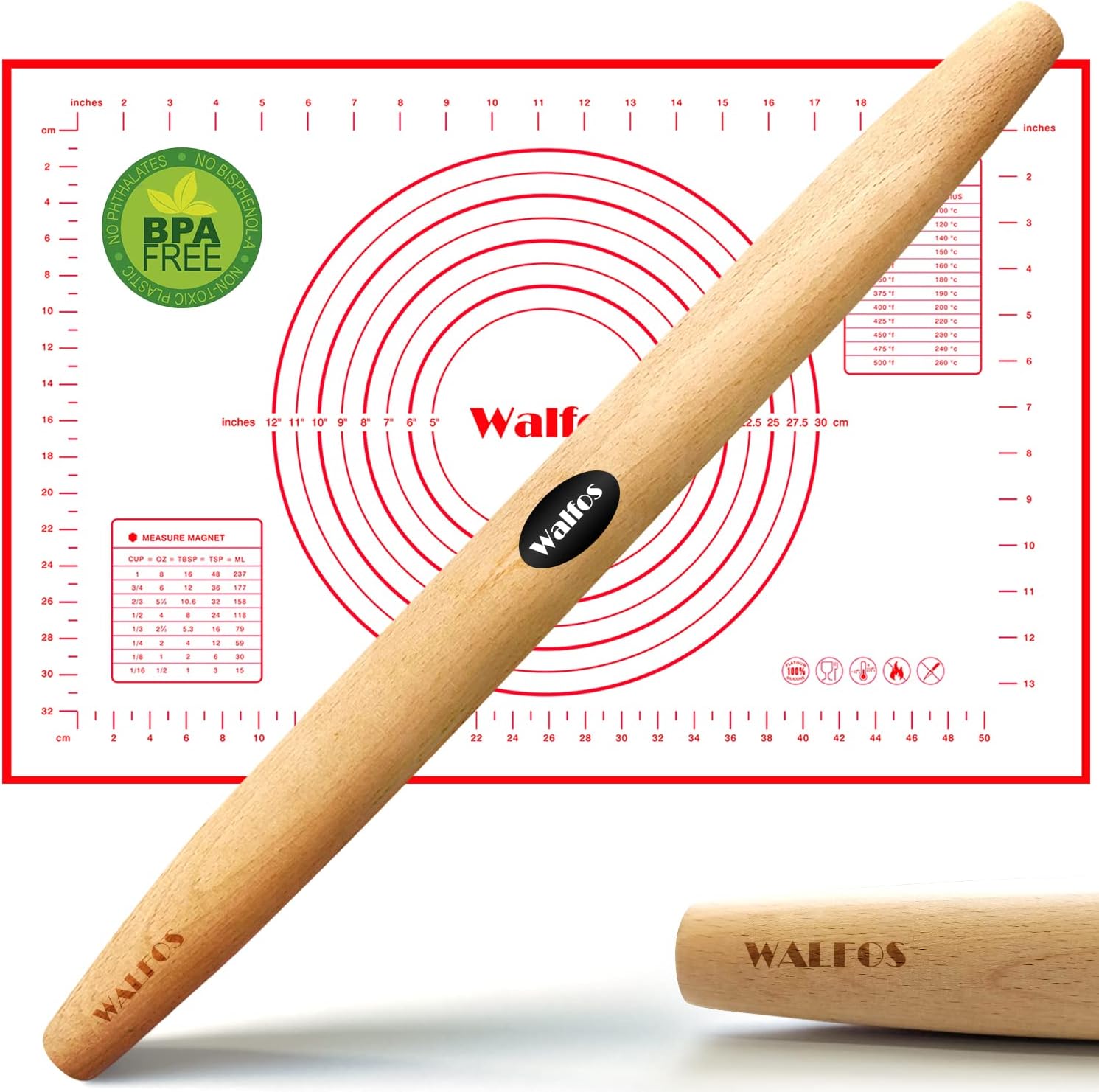 WALFOS French Rolling Pin and Silicone Baking Mat Set, Non-Stick Beech Wood Rolling Pin 17 Inch and Pastry Mat for Best Pie Crust, Cookie, Pasta and Pizza Dough
