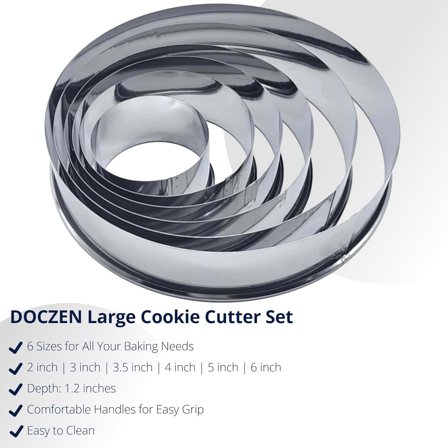DOCZEN 6 PCS Round Cookie Cutter Set (2, 3, 3.5, 4, 5, 6 Inch) - Biscuit Cutters For Baking - Large Circle Cookie Cutters Variety Pack, Metal Stainless Steel, 6 Pack