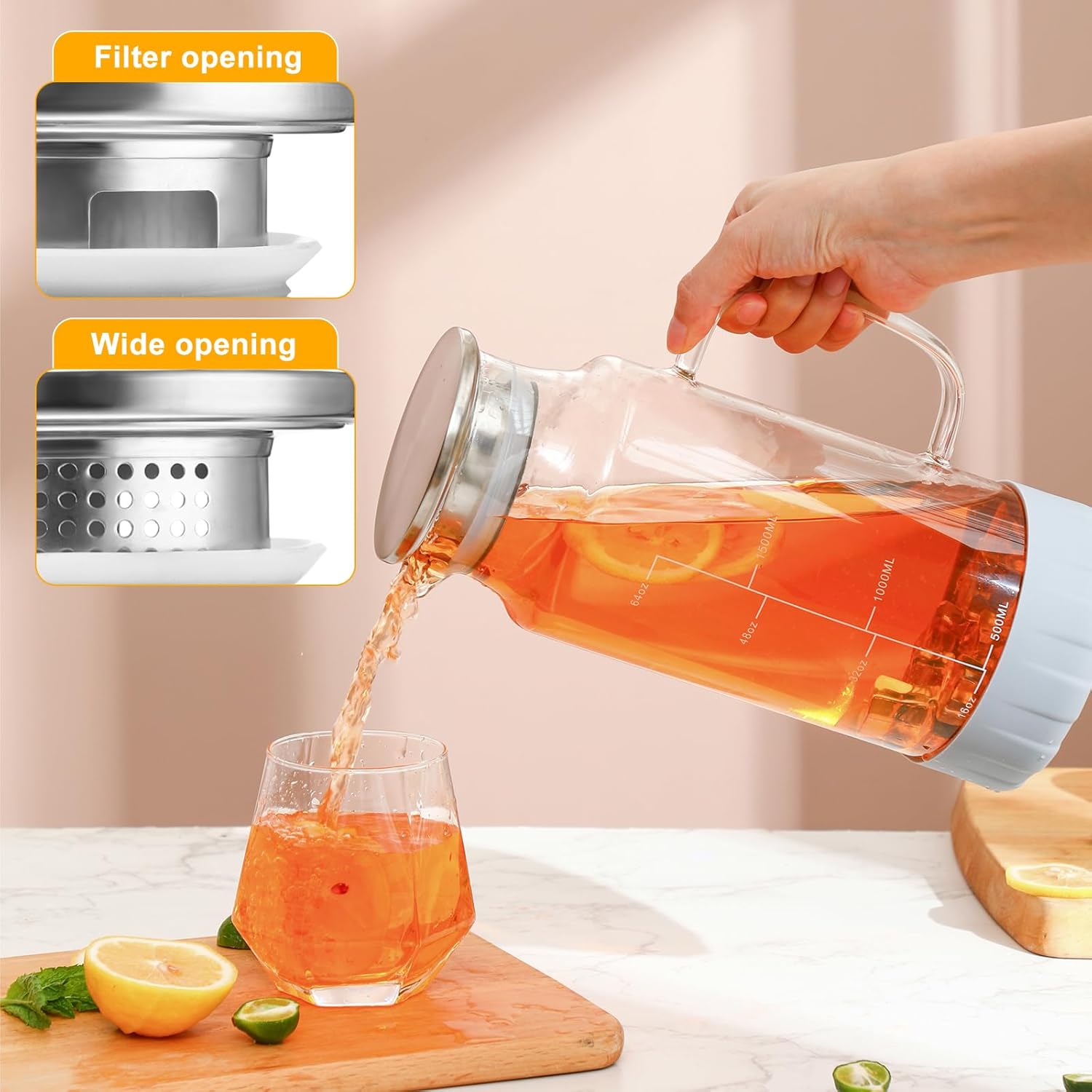 Honeydak 2 Pack Glass Pitcher with Lid, 68 oz 2 Liter Water Pitcher with Silicone Base, Spout and Handle Large Ice Tea Carafe for Fridge, Anti-slip Glass Water Jug for Drinks Tea Coffee Milk Beverage