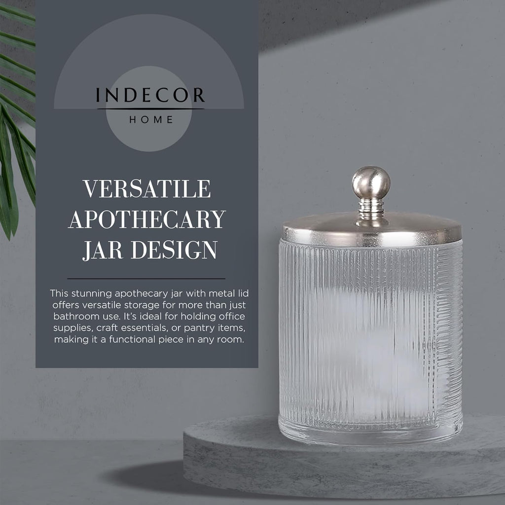 Glass Jar with Metal Lid for Bathroom Organization, Clear Apothecary Jar for Cotton Balls, Q Tips, and Small Accessories, Stylish Bathroom Storage Container Nickel, Clear