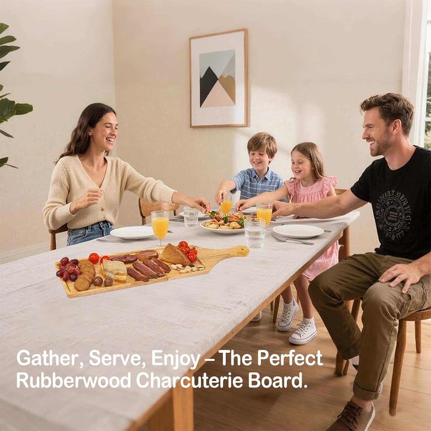 Premium Rubberwood Charcuterie Board with Handle – Durable Wooden Serving Platter for Cheese, Meat, and Appetizers – Perfect for Entertaining, Parties, and Gifts