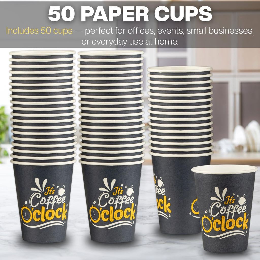 Smygoods Disposable Coffee Cups, To Go Paper Hot Cups, Coffee O'Clock Design (12 OZ, 50 Count) For Hot Beverages, Coffee, Tea, Espresso, Cocoa - Vasos Para Cafe